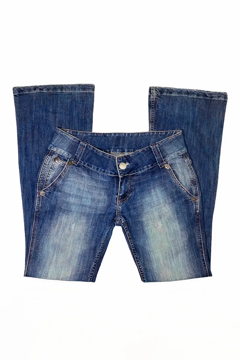 Slant Pocket Button Detail Low Waist Flare Jeans