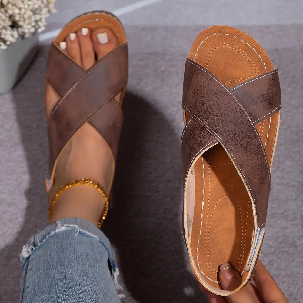 Dark Coffee Peep Toe Low Heel Sandals