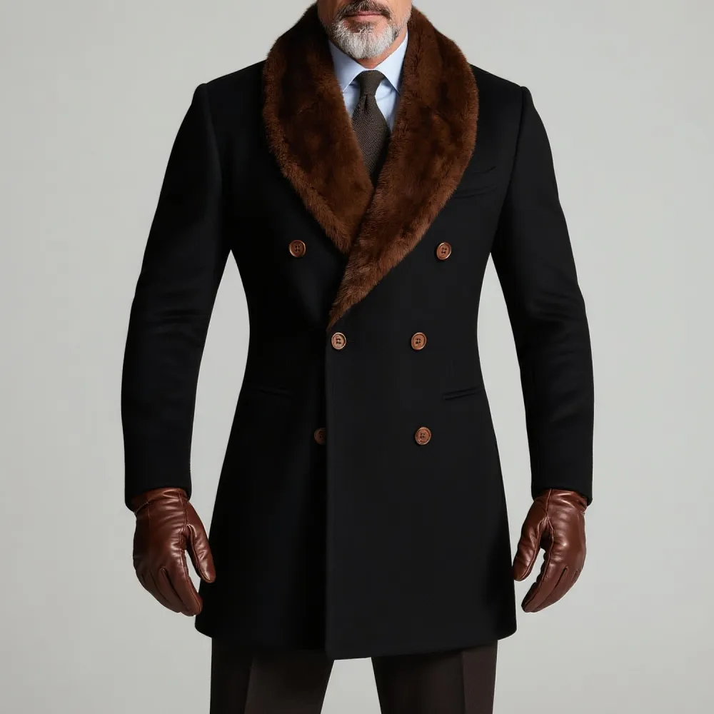 Men's Business Furry Shawl Lapel Double Breasted Long Sleeve Windproof Fur Collar Overcoat