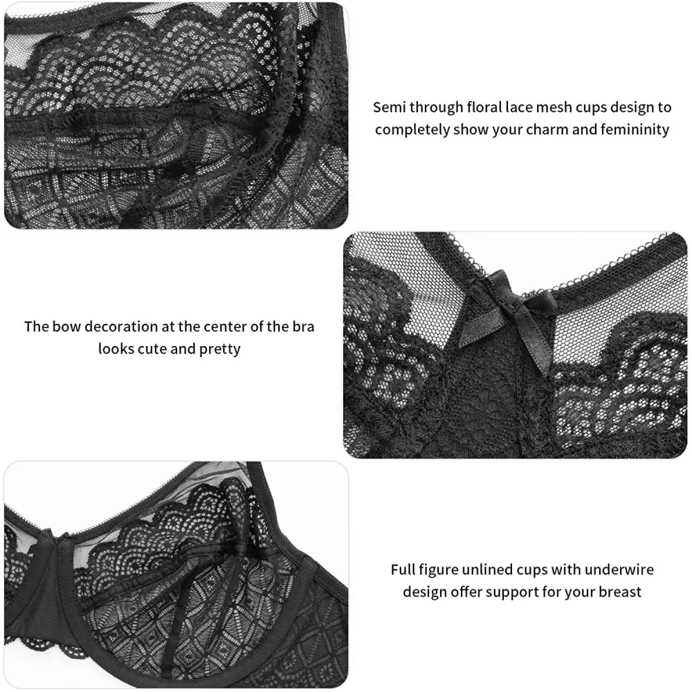 Women's Semi Through Minimizer Bra Unlined Sexy Lace Full Coverage Underwire Plus Size Bra