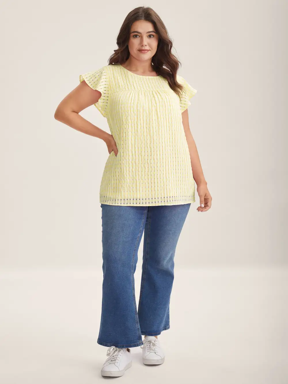 Textured Sheer Lined Flutter Sleeve Blouse