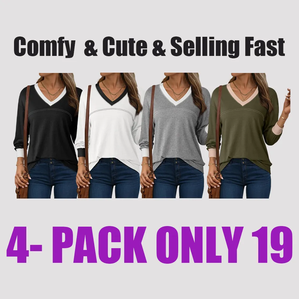 Women Blouses Dressy Casual Long Sleeve Shirts V Neck Color Block Tops Fall Outfits 2025