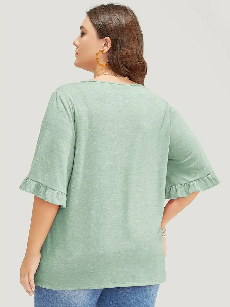 Solid Gathered Ruffle Trim Flounce Sleeve T-shirt