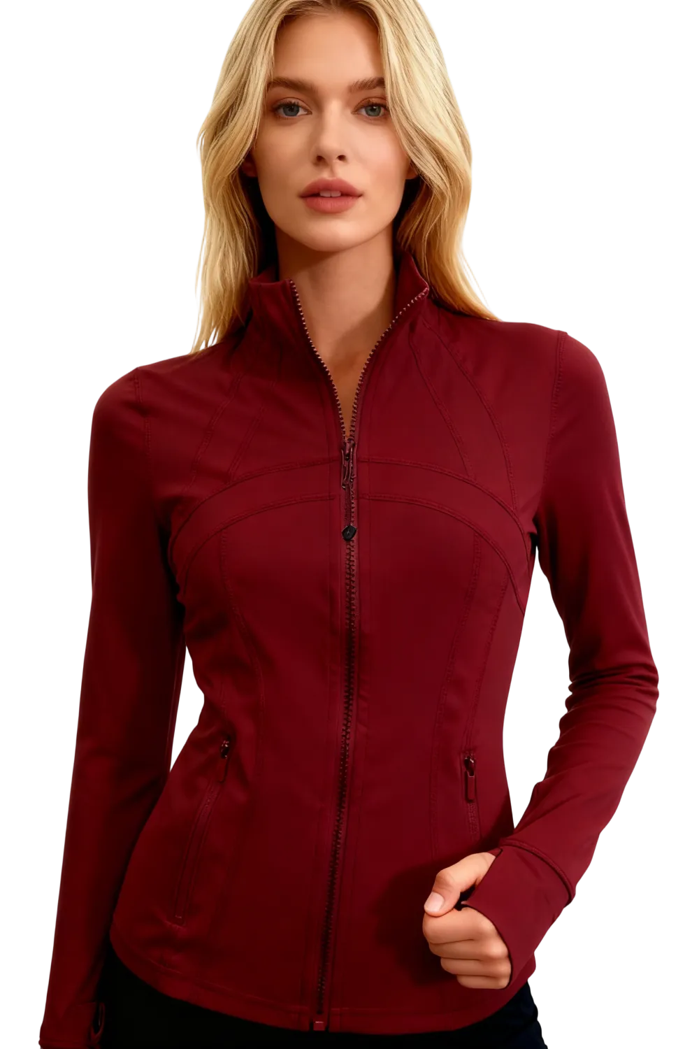 Women's long-sleeved, full-zip design, sun-protective sportswear.