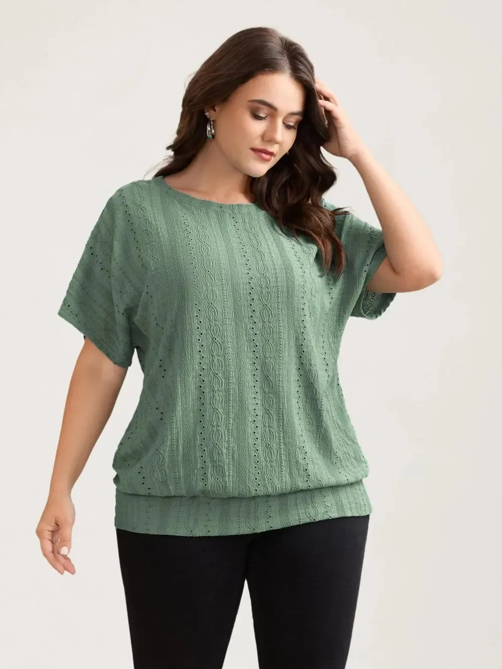 Eyelet Trim Stretchy Textured Plain Top