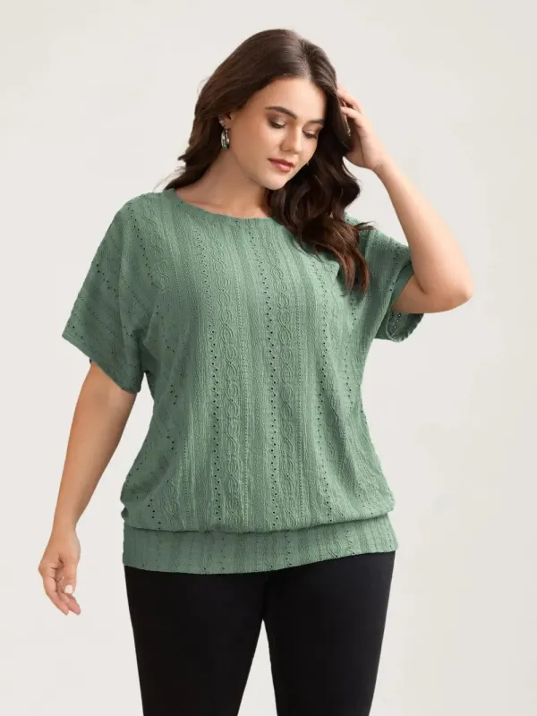 Eyelet Trim Stretchy Textured Plain Top
