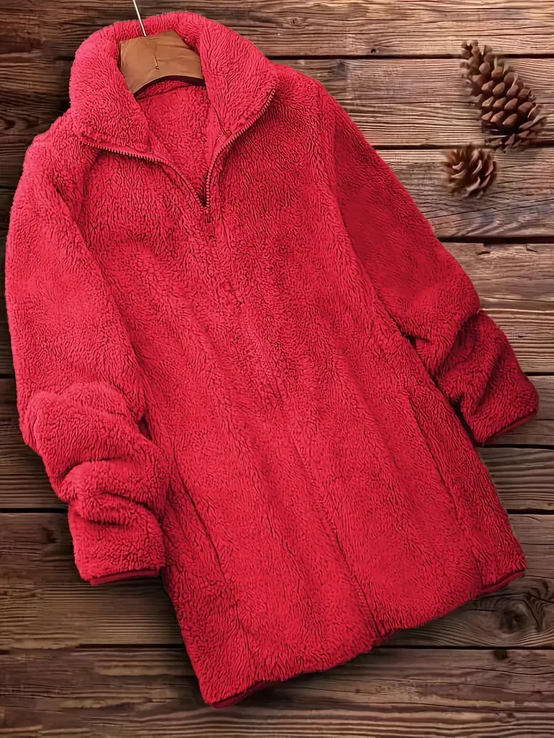 Zip Up Solid Teddy Coat, Casual Long Sleeve Winter Outerwear