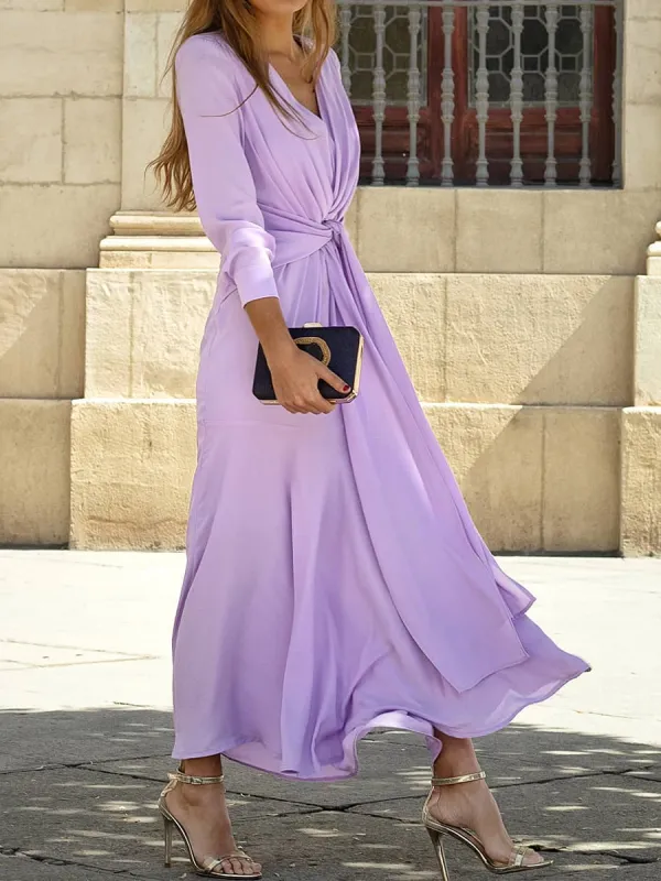 Elegant Lace-Up Solid Long-Sleeve Maxi Dress