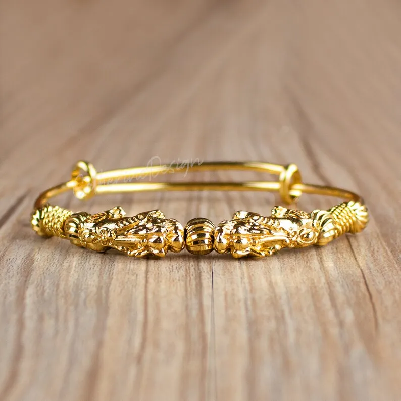 Double Pixiu Gold Bangle Pi Yao Feng Shui Bracelet-Good Luck Attract Wealth and Prosperity Abundance Money Bracelet Gift