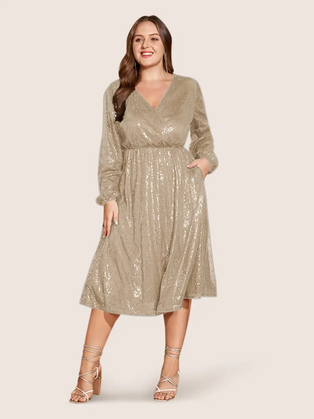 Solid Pocket Lantern Sleeve Wrap Sequin Dress