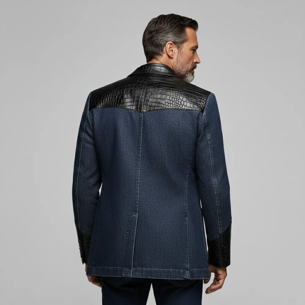 Men's Navy Blue Crocodile PU Leather Patchwork Notch Lapel Two Button Pocket Long Sleeve Denim Blazer