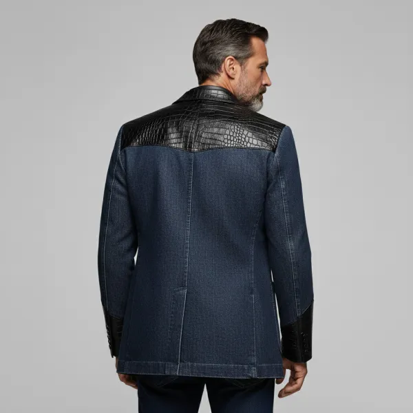 Men's Navy Blue Crocodile PU Leather Patchwork Notch Lapel Two Button Pocket Long Sleeve Denim Blazer