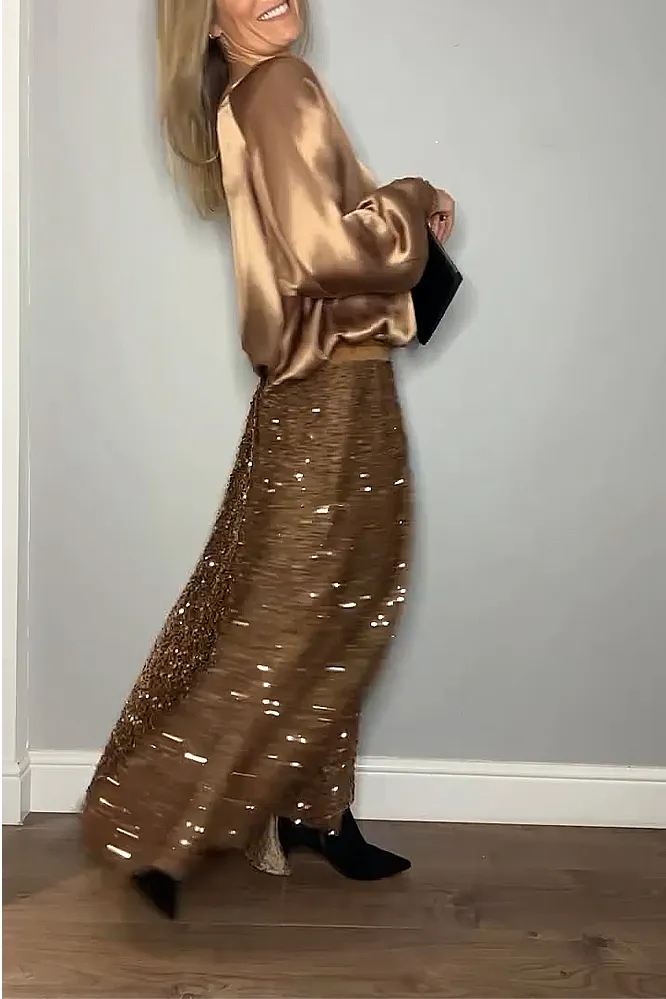 Women's fashion satin top and sequined skirt two-piece set