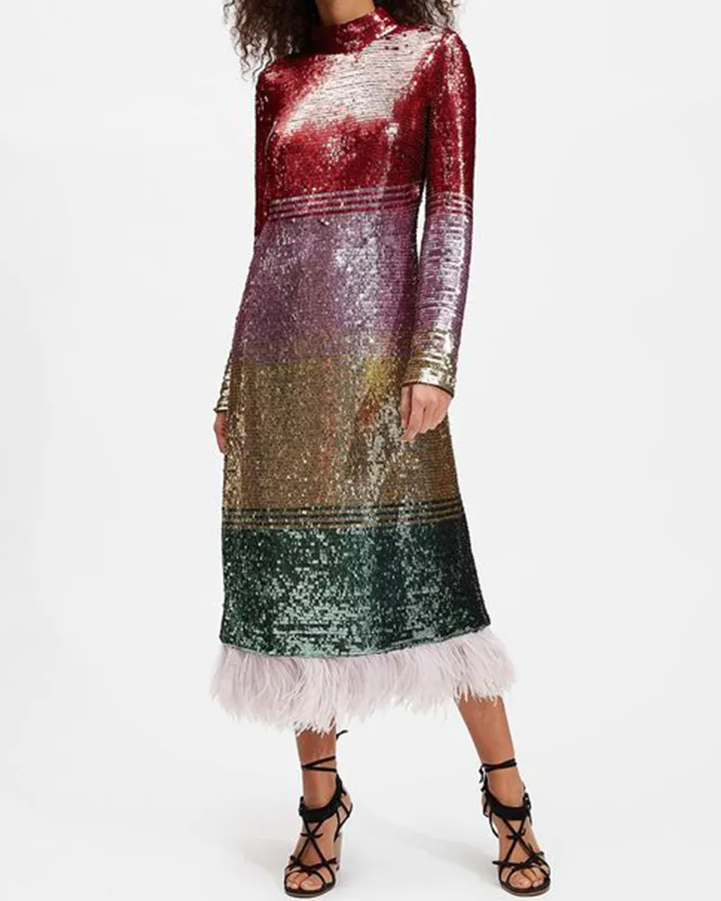 Feather sequined multicolor dress