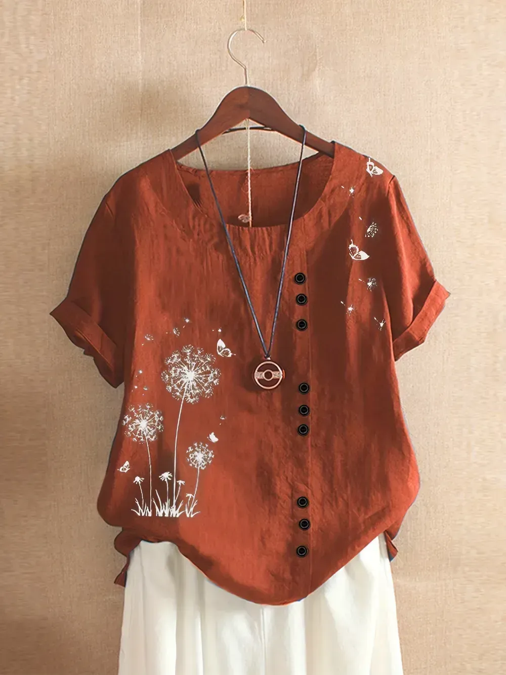 Women's Plus Dandelion Print Tee, Short Sleeve, Casual, Round Neck, Plus Size