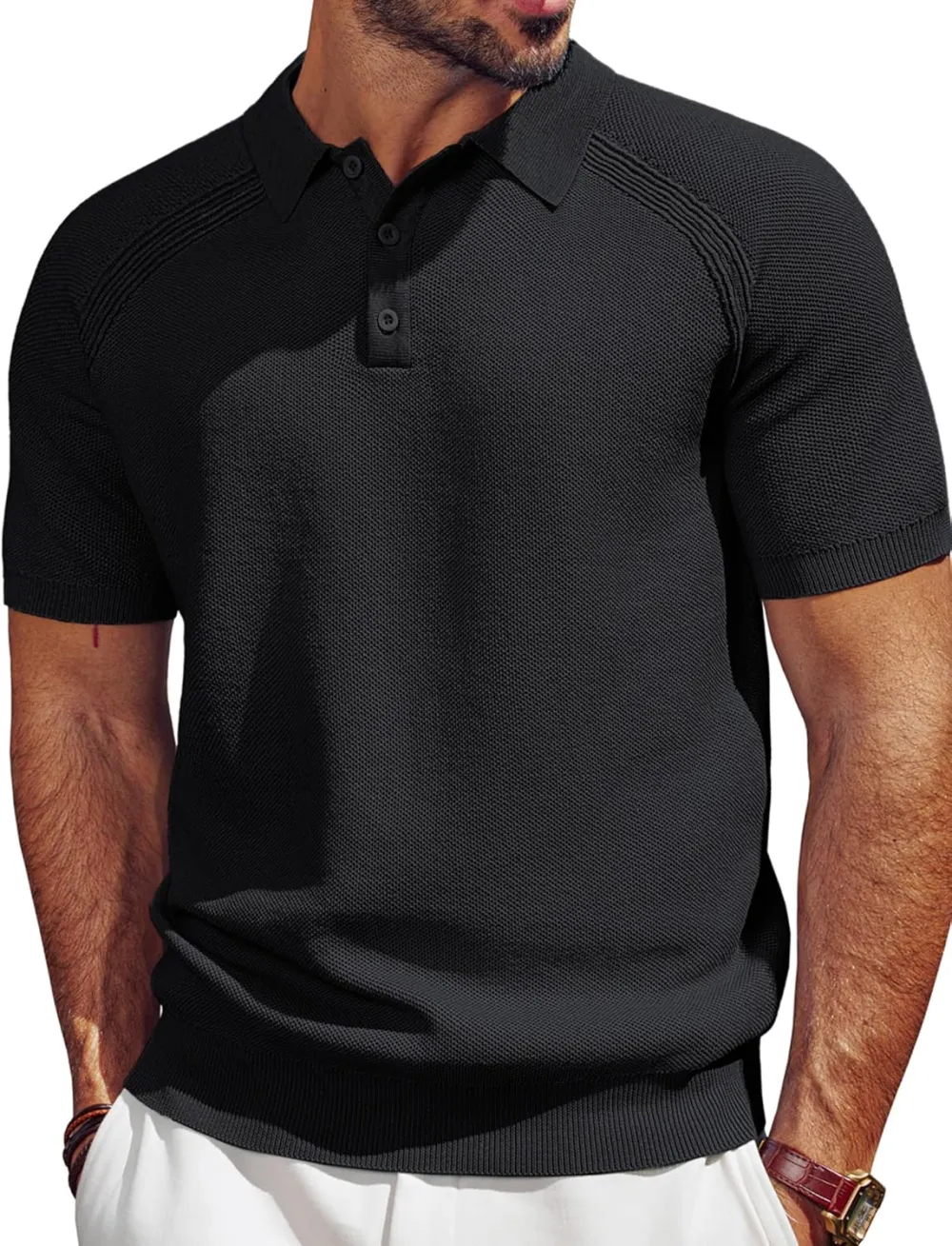 Men's Polo Shirt Short Sleeve Textured Knit Button Shirts Raglan Sleeve Casual Golf Shirt
