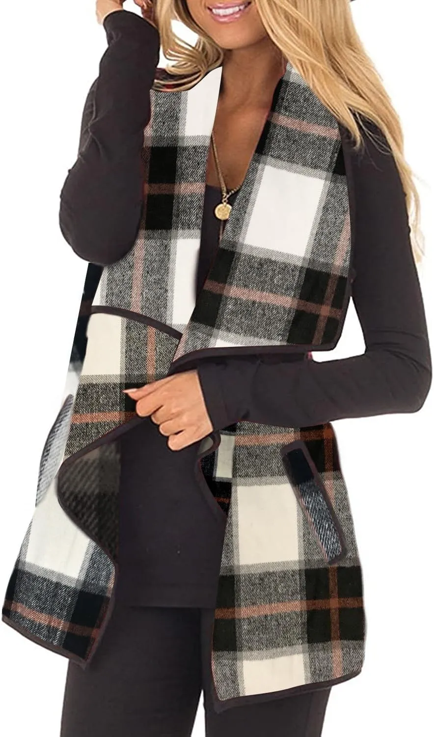 Womens Buffalo Plaid Vest Casual Lapel Open Front Sleeveless Cardigan Jacket Coat with Pockets