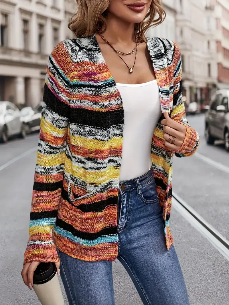 Cozy Rainbow Stripe Knit Cardigan: Durable Women's V-neck Casual Sweater with Pockets for Fall/Winter