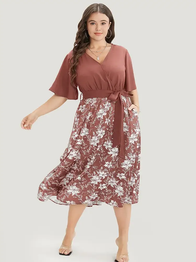 Floral Patchwork Pocket Belt Surplice Neck Ruffle Hem Dress