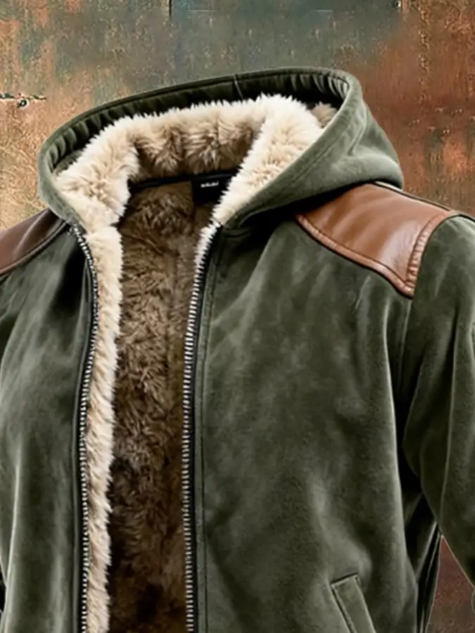Men's Vintage Suede Zipper Pocket Outdoor Hooded Jacket