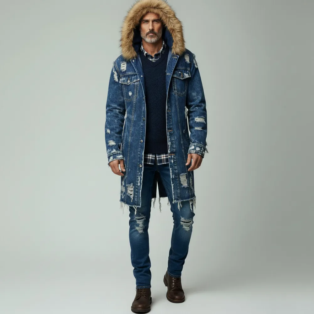 Men's Blue Ripped Raw Edge Long Sleeve Button Furry Hooded Denim Coat