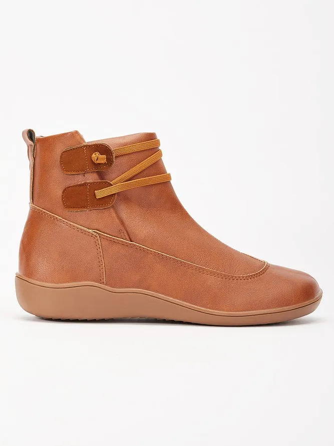 Vintage Women Casual Braided Strap Breathable Lether PU Flat Heel Classic Boots