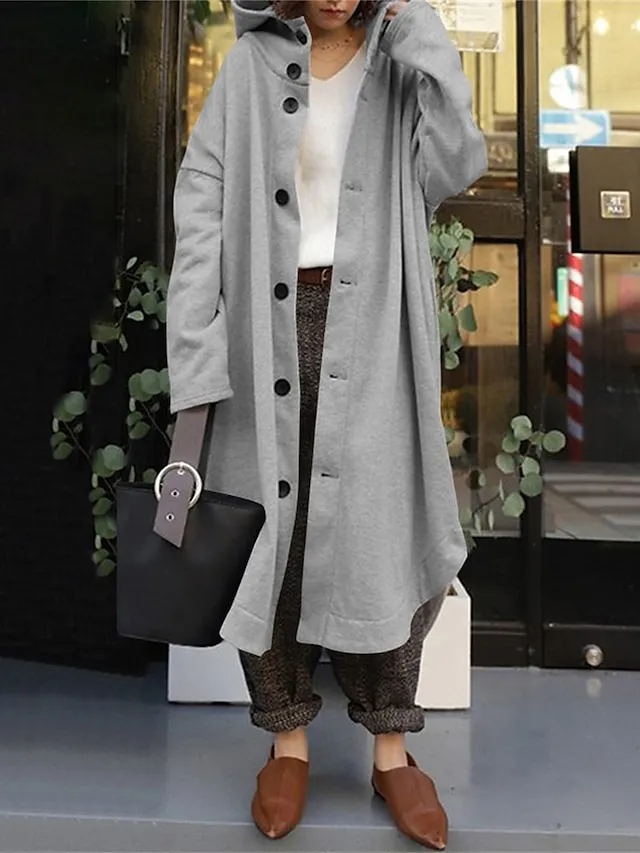 Women's Coat Street Fall Dusty Coat Casual Winter Windproof Long Coat with Pockets Regular Fit Warm Breathable Street Style Jacket Long Sleeve Plain Black Yellow Red