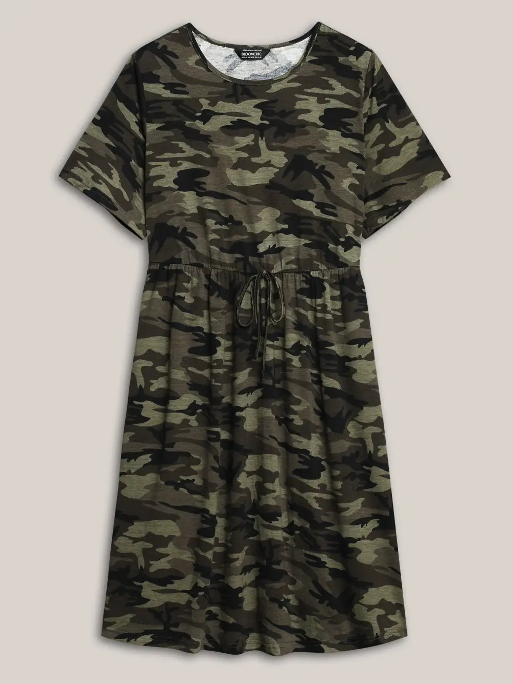 Camouflage Print Round Neck Pockets Midi Dress