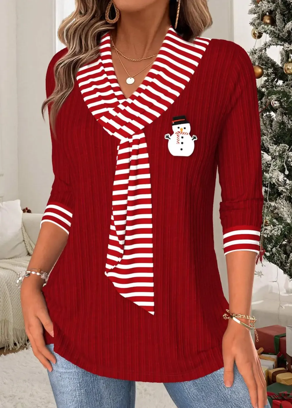 Christmas Wine Red Tummy Coverage Striped T Shirt