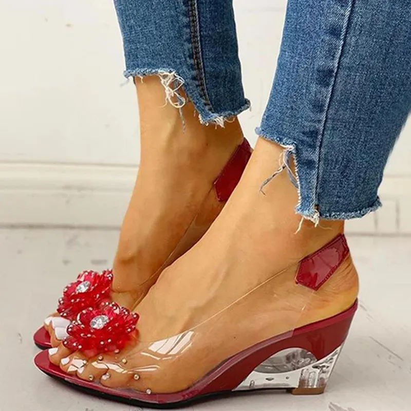 Women's bohemian clear crystal rhinestone flower wedge sandals