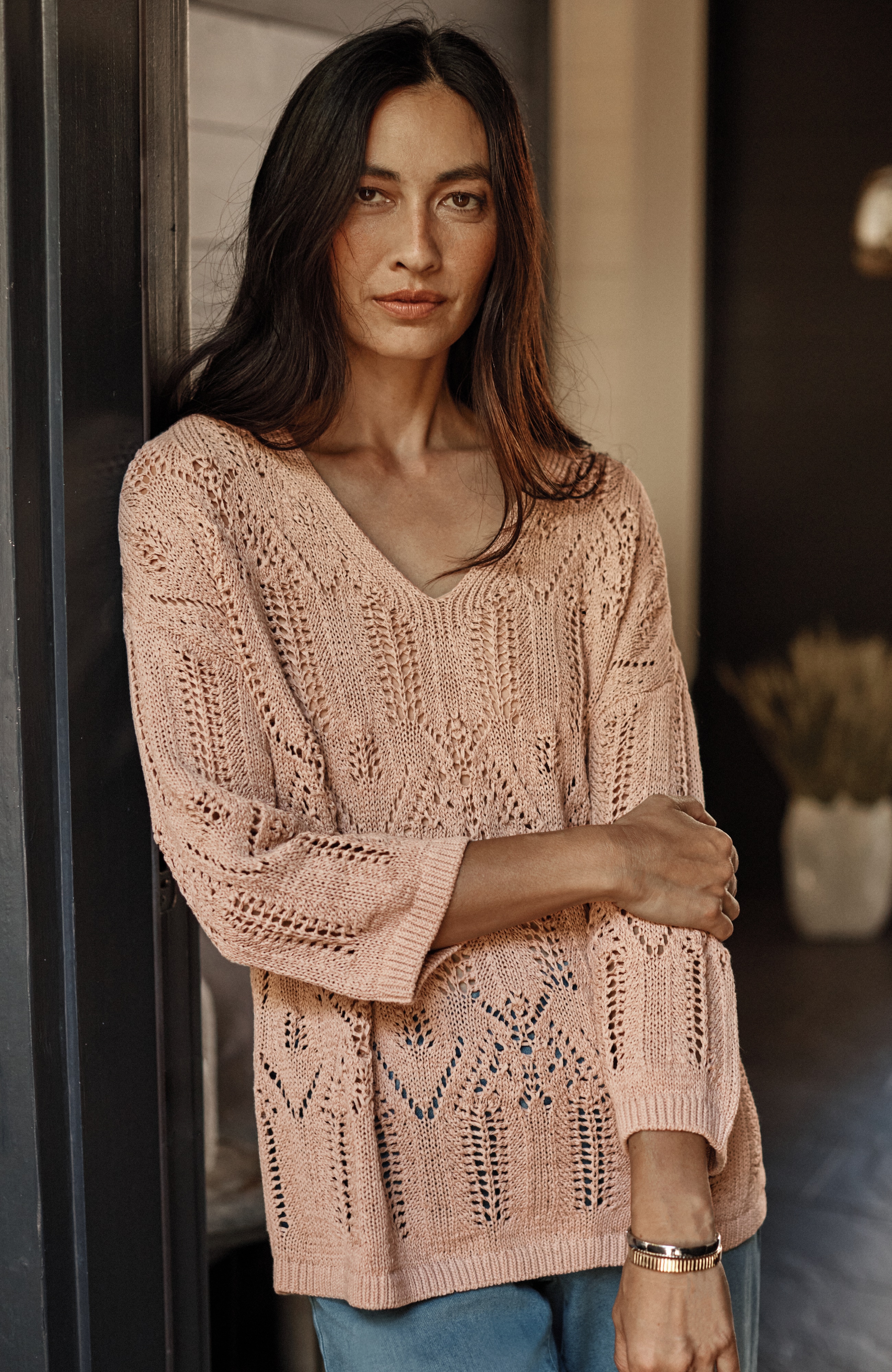Pure Jill Open-Textured V-Neck Sweater