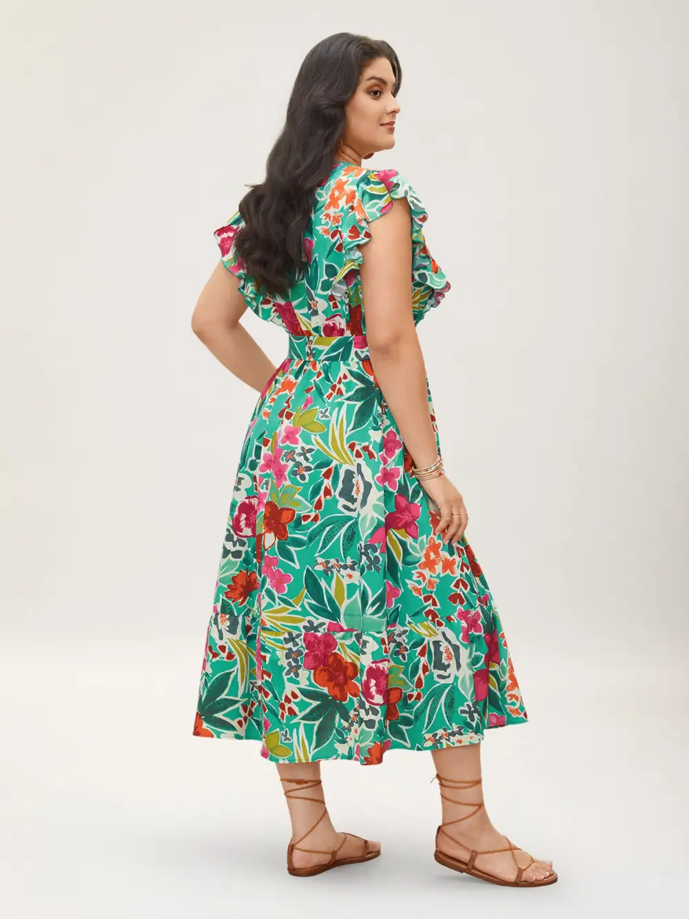 Floral Wrap Patchwork Ruffle Cap Sleeve Dress