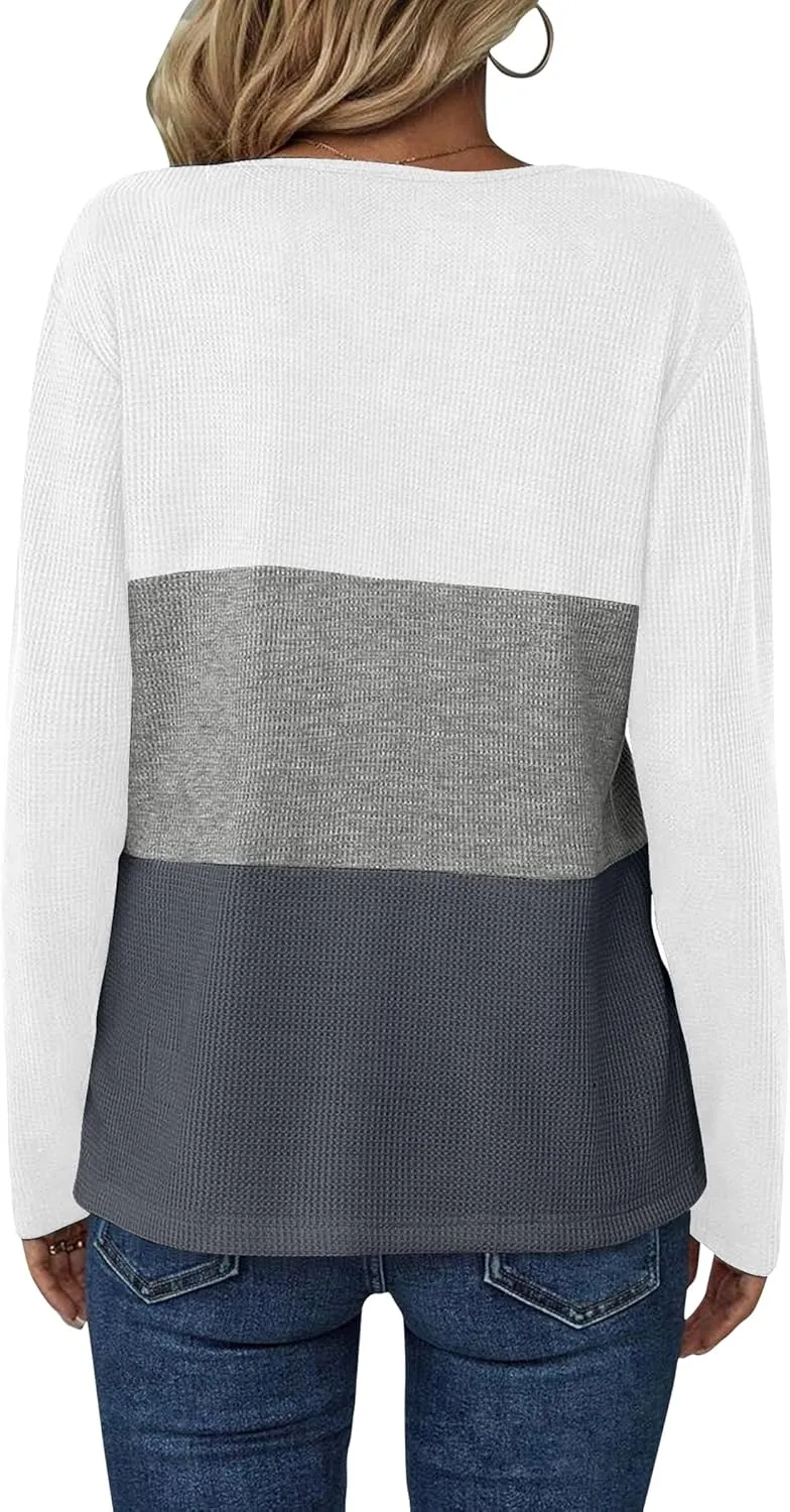 Women's Waffle Shirts V Neck Long Sleeve Tops Color Block T-Shirts Casual Tunics 2024 Fashion Basic Tees