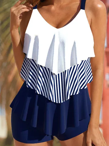 Casual Striped Printing V Neck Tankini