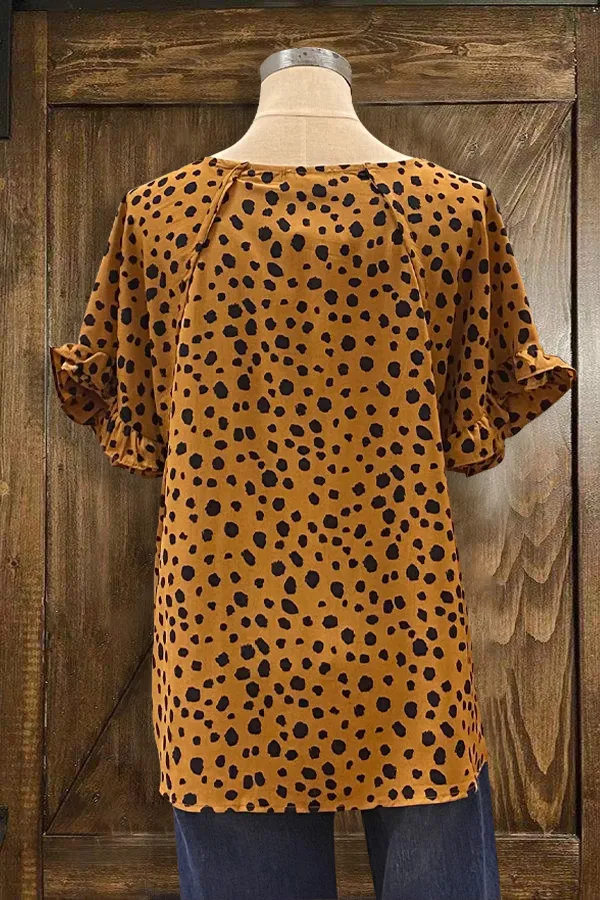 Leopard Print Ruffle Sleeve Tied Short Sleeve Blouse