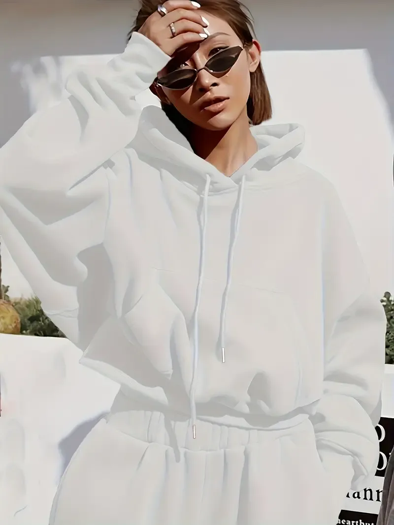 2PCS Oversized Athleisure Set: Solid Hooded Pocket Drawstring Sweatshirts & Sweatpants Sets for Women, Plus Size Comfortable Clothing