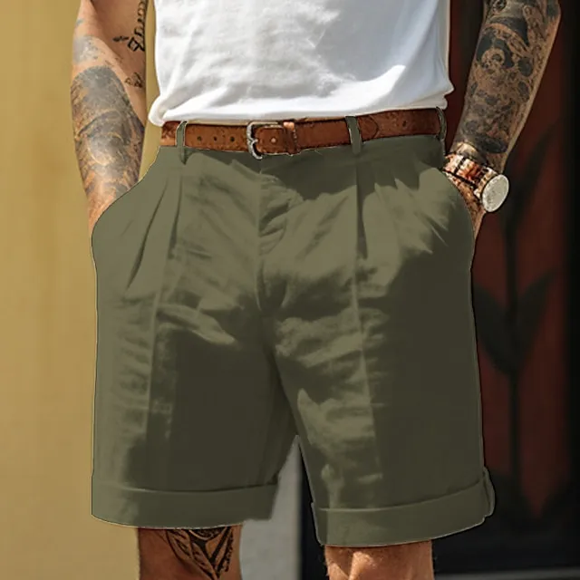 Men's Shorts Linen Shorts Summer Shorts Pleated Shorts Pocket Pleats Straight Leg Plain Comfort Breathable Short Casual Daily Holiday Linen Cotton Blend Fashion Designer Black White