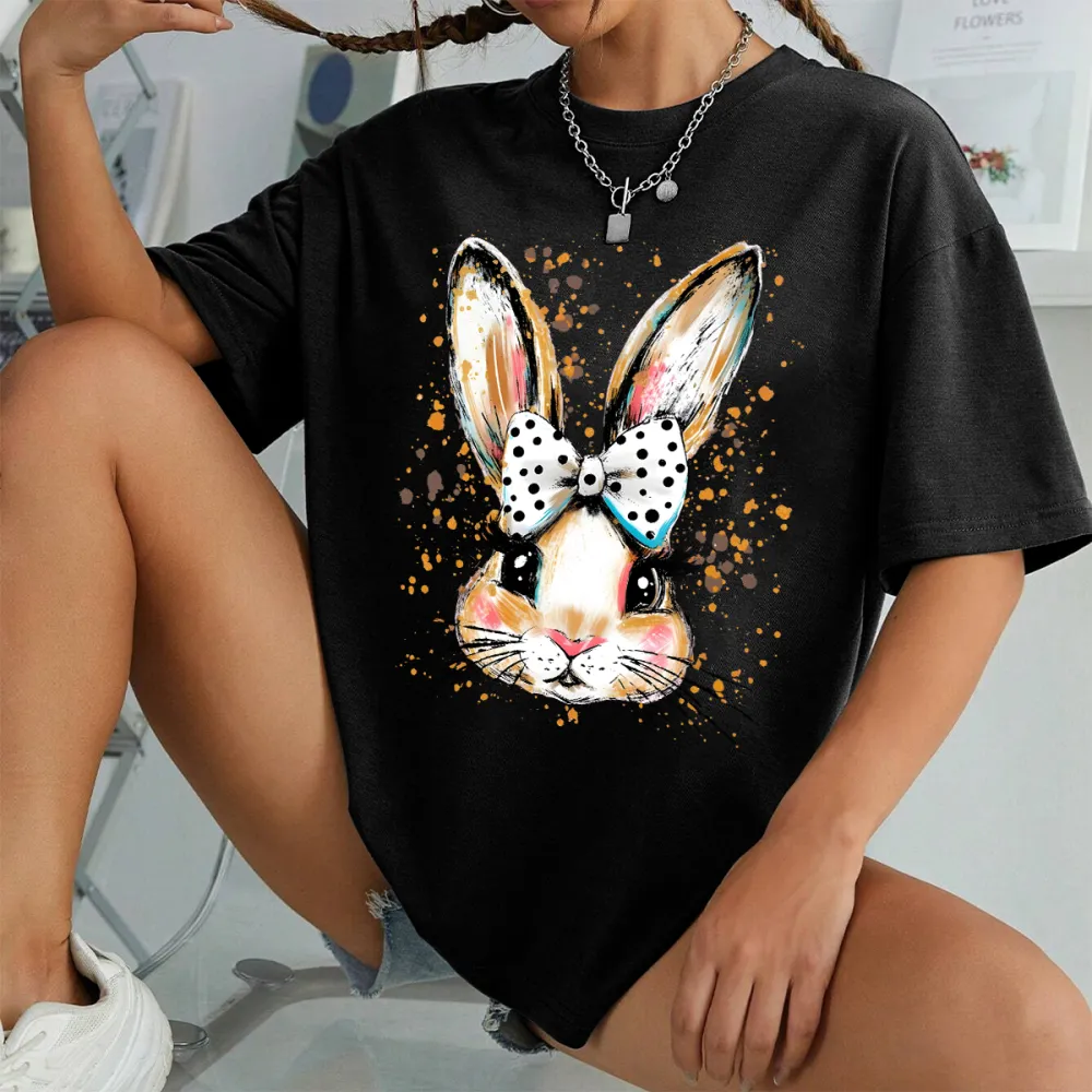 Easter Hand Drawn Bunny Printed Round Neck Short Sleeve T-Shirt