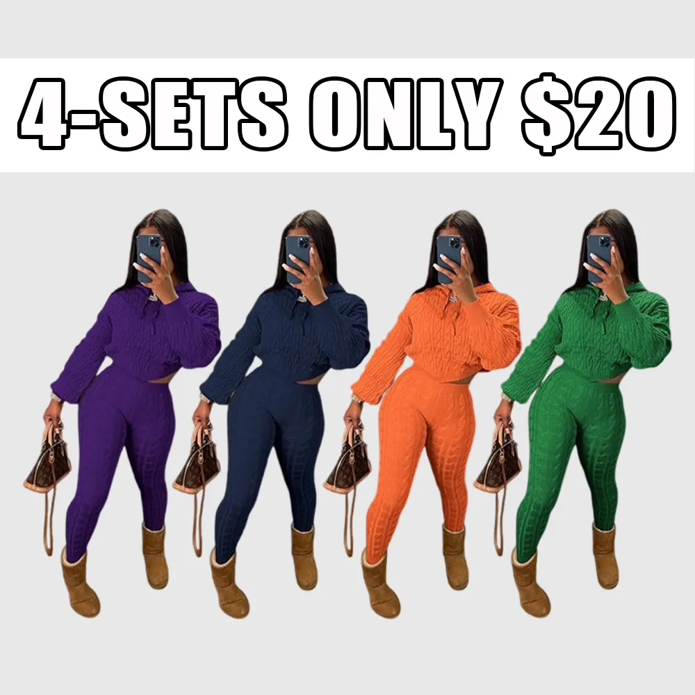 Two-piece Set Women's Solid Drop Shoulder Cable Knit Crop Sweater & High Waist Pants