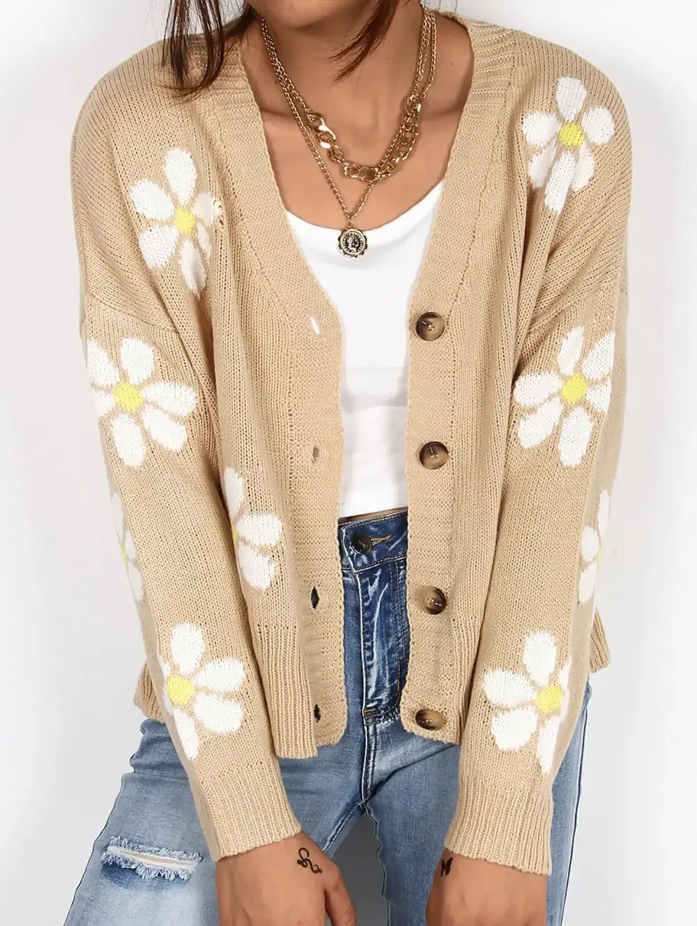 Fall Floral Button Varsity Sweater Jacket