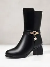 Women's Black Faux Leather Fur-Lined Mid-Calf Winter Boots with Star Charm and Block Heels – Elegant and Warm Footwear for Cold Weather