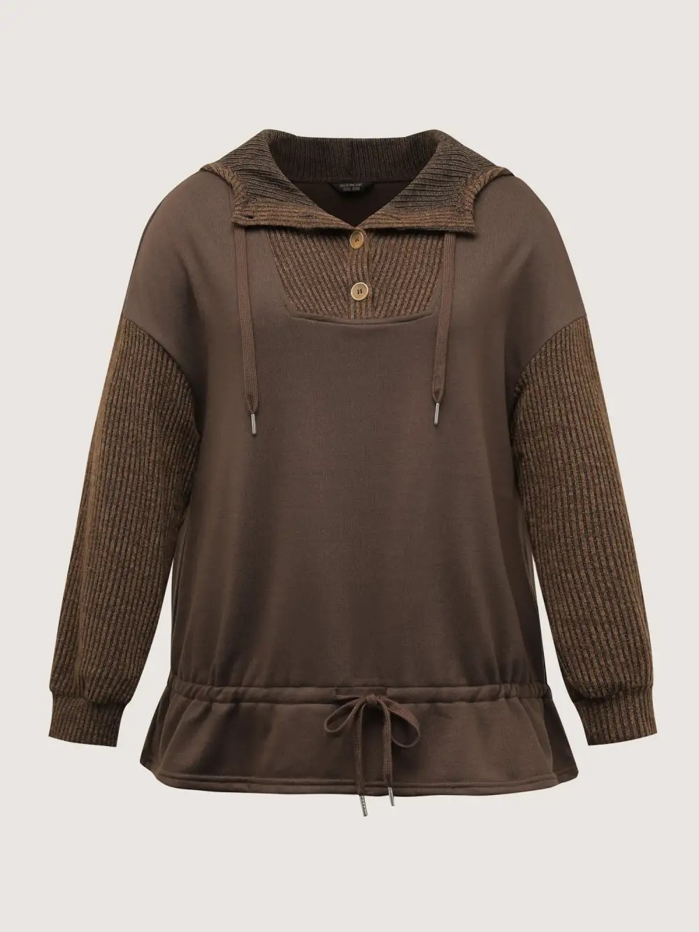 Drawstring Mixed Material Button Hoodie