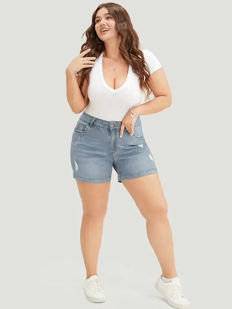 Moderately Stretchy High Rise Dark Wash Distressed Denim Shorts