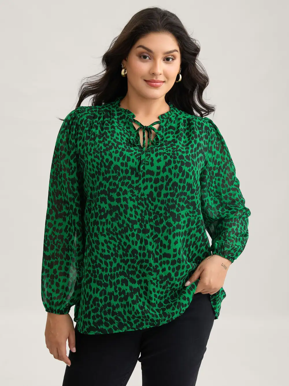 Leopard Print Tie Knot Lantern Sleeve Blouse
