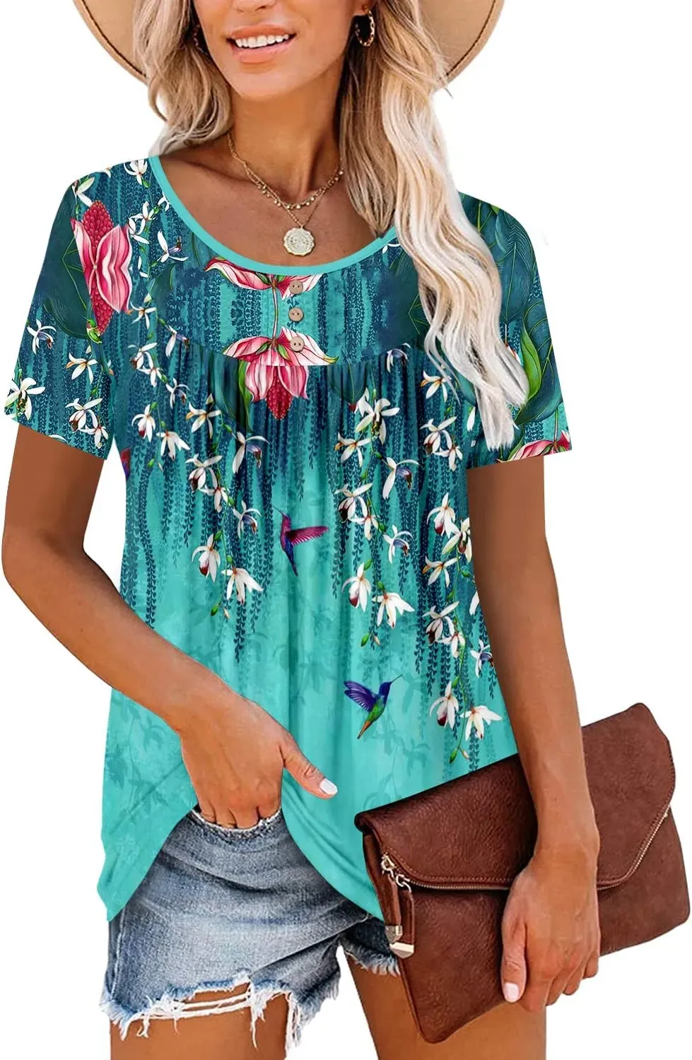 ✨Women's Summer Printed Pleated Crew Neck Tee
