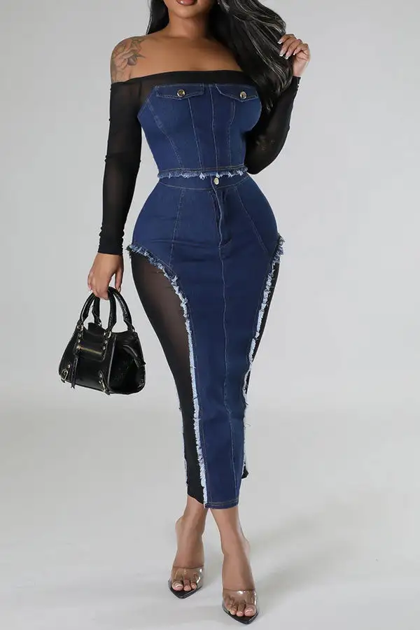 Patchwork Sheer Off-Shoulder Denim Dress Set