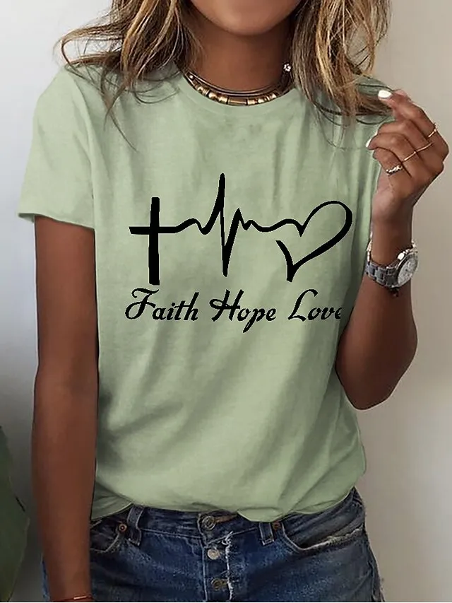 Women's T shirt Tee Cotton 100% Cotton White Yellow Pink Heart Letter Print Short Sleeve Casual Weekend Basic Round Neck Regular Fit Painting