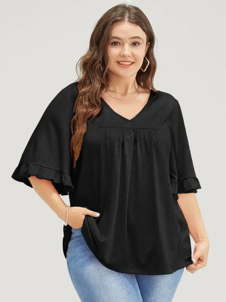 Solid Gathered Ruffle Trim Flounce Sleeve T-shirt