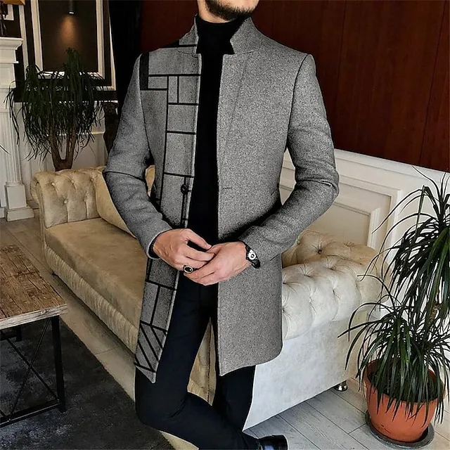 Men's Business Geo Plaid Pattern Buttons Stand Collar Long Sleeve Coat