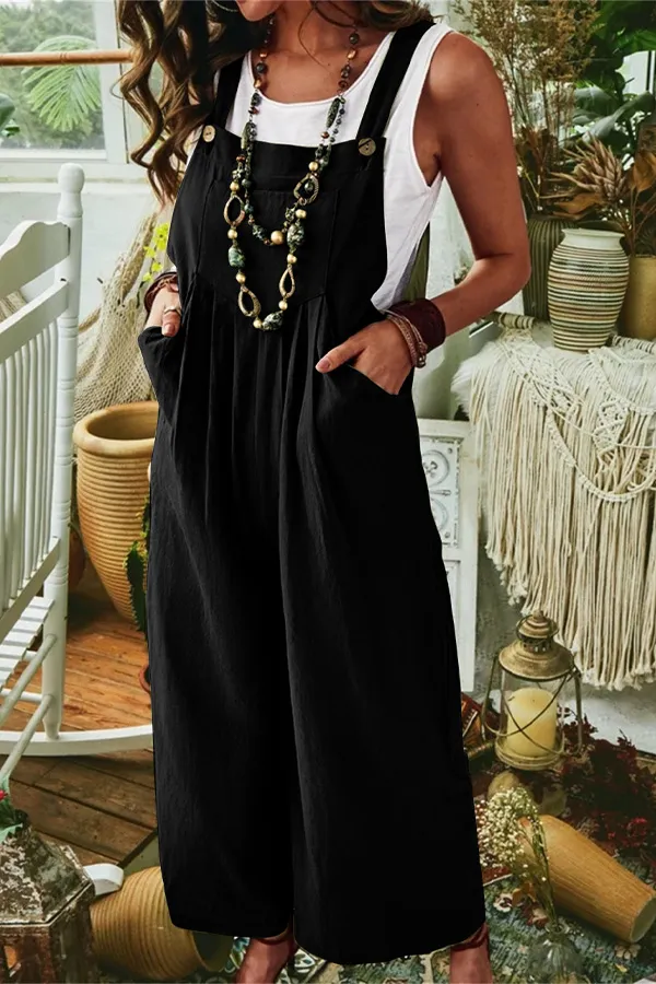 Solid Pocket Design Wide Leg Jumper Overalls